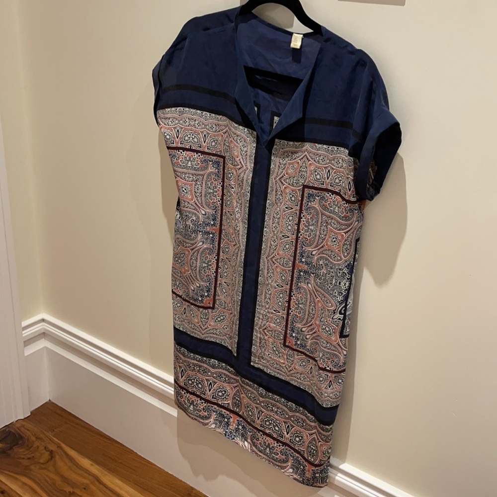 Blue silk shift dress with intricate color block